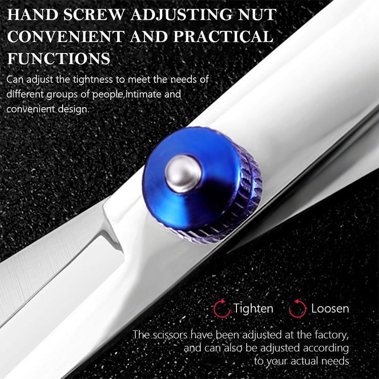 Hair scissors adjustment nut with blue cap on stainless steel body