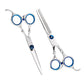 Two hair cutting and thinning scissors with blue finger rings and comb blade