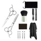 Hair cutting thinning shear set with two silver scissors, combs, brush, and pouch