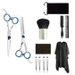 Hair cutting thinning shear set with two silver scissors and blue rings, combs, brush, pouch