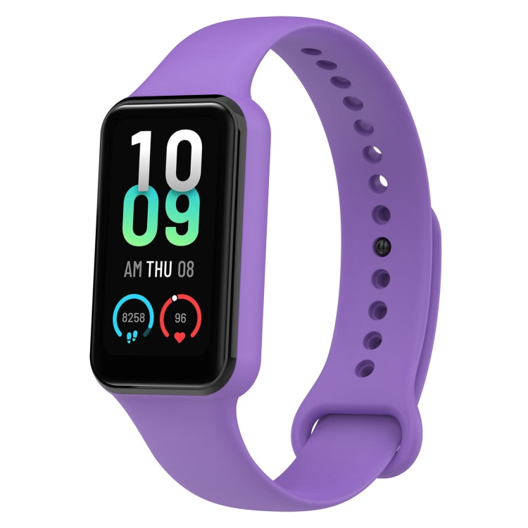 Purple silicone watch band with perforated strap and black smartwatch face