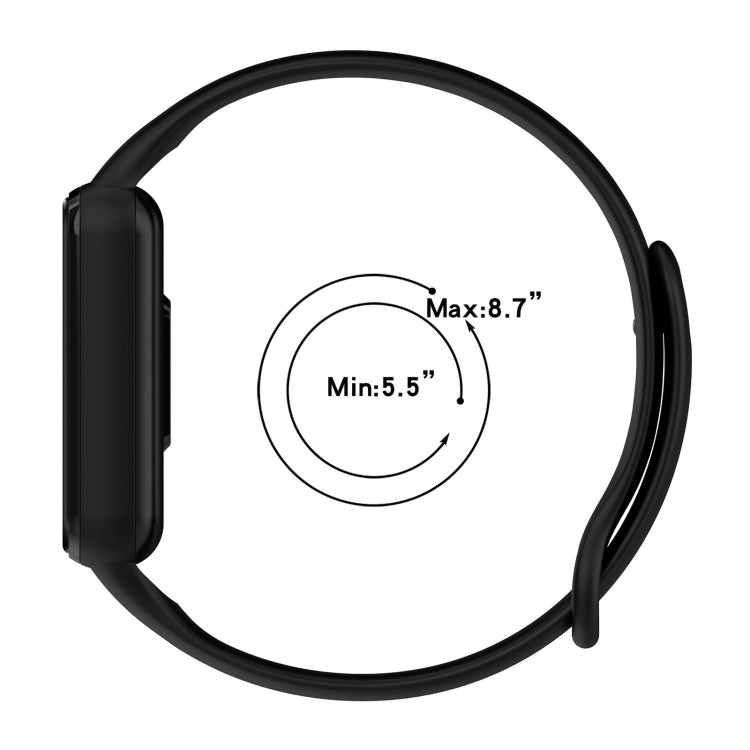 Silicone watch band sizing range: Min 5.5 in, Max 8.7 in