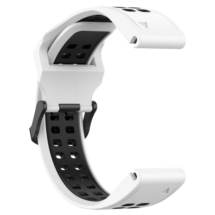Two-tone silicone watch band with perforated strap and metal clasp; white over black.