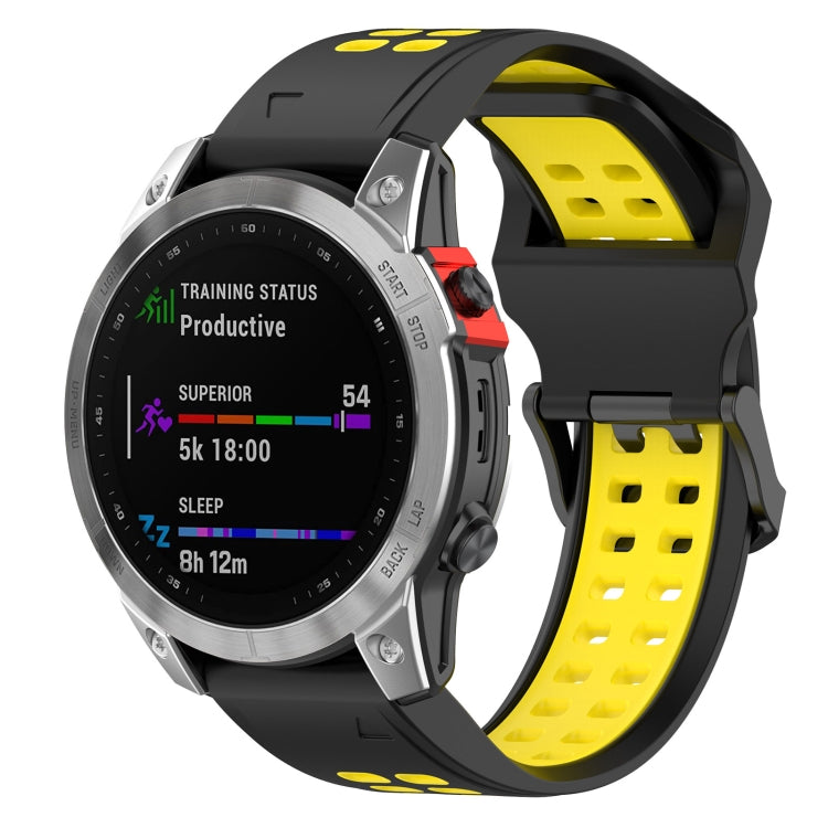 Two-tone silicone watch band with perforated strap and metal clasp; black and yellow.
