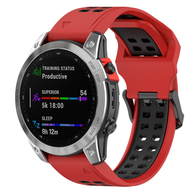 Two-tone silicone watch band with perforated strap and metal clasp; red and black.