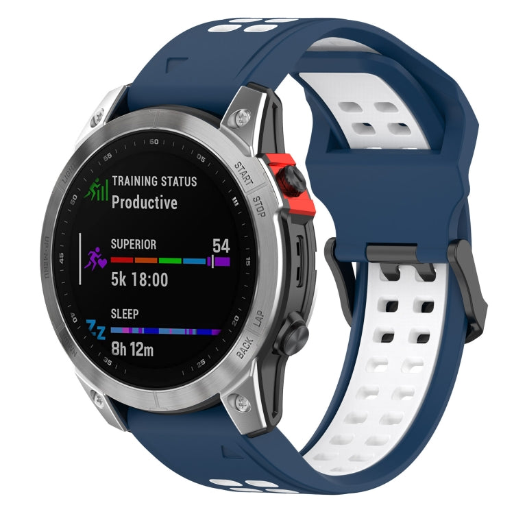 Two-color silicone watch band with dark blue outer strap and white perforated inside