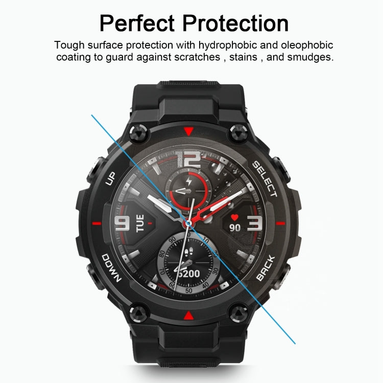 Smartwatch tempered glass screen protector with hydro/oleophobic coating for easy cleaning