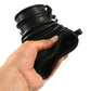 Car air intake hose held in hand, black ribbed rubber with outlet spout
