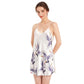 Crane-print satin V-neck nightdress with spaghetti straps, short flared hem, white.