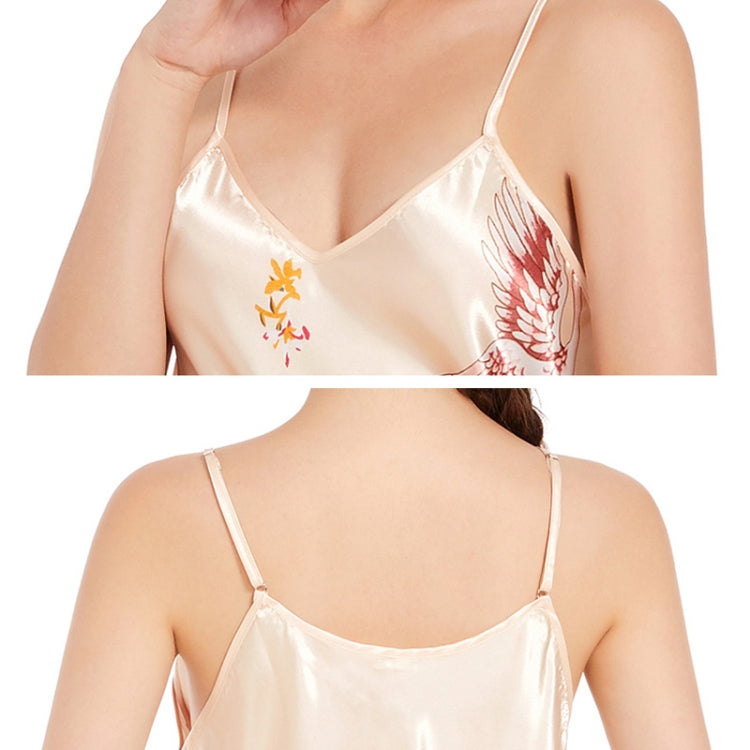 Crane-print satin short pajama set, V-neck camisole with thin straps (white).