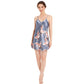 Crane-print satin short pajama nightdress, V-neck spaghetti straps (blue).