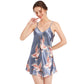 Crane-print satin slip skirt pajamas, light blue, V-neck, thin spaghetti straps