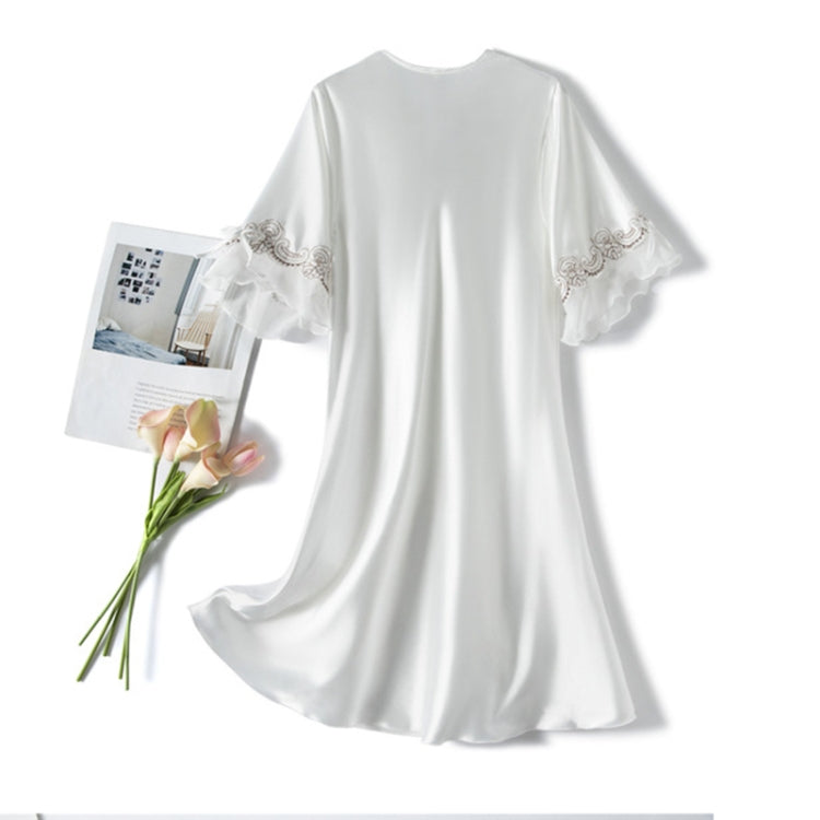 Loose V-neck mid-sleeve nightdress in white with scalloped lace neckline and sleeves