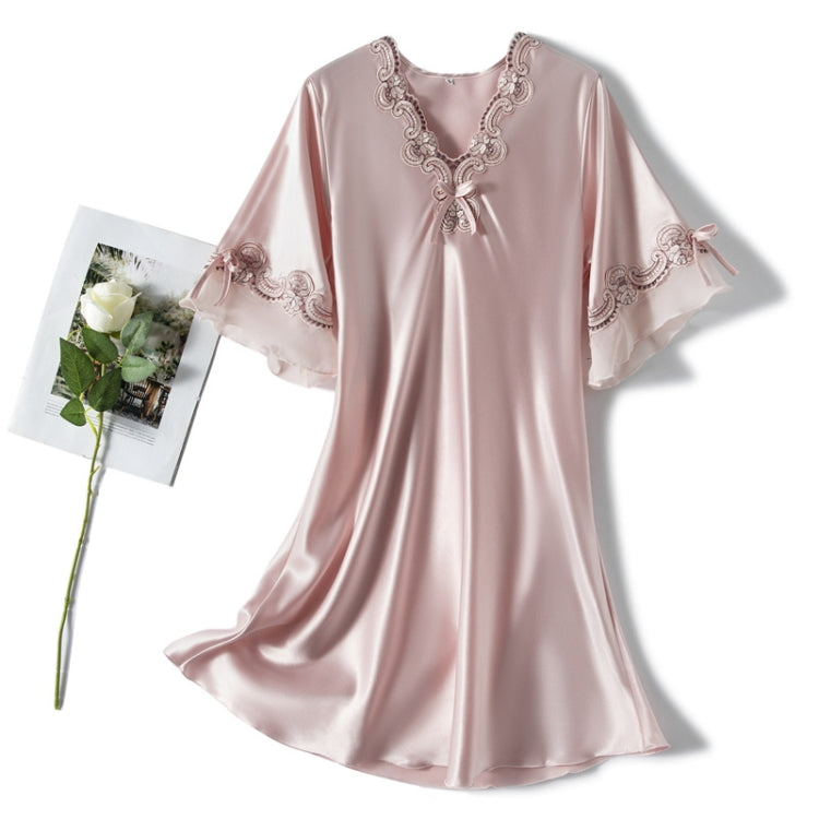 Loose V-neck mid-sleeve nightdress in blush pink with scalloped lace neckline and trim