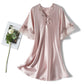 Loose V-neck mid-sleeve nightdress in blush pink with scalloped lace trim and decorative bow