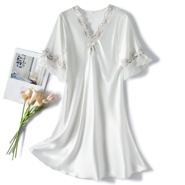 Women's white satin nightdress with scalloped V-neck and embroidered trim, mid sleeves