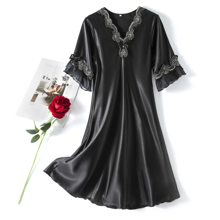 Women's black satin nightdress with scalloped V-neck and ornate embroidered lace detail