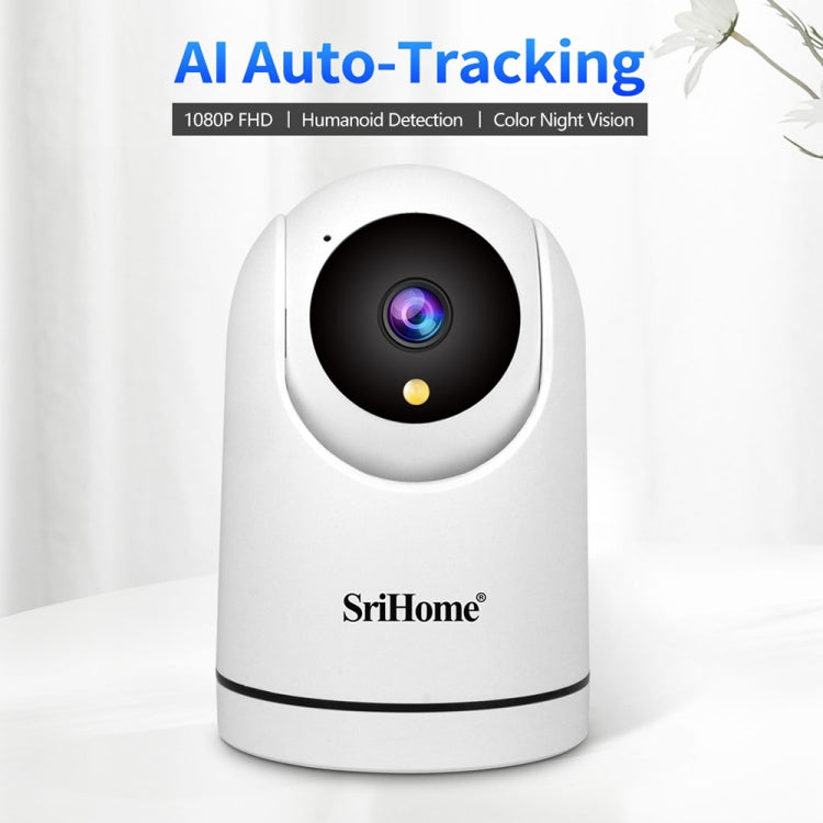 White SriHome pan-tilt WiFi surveillance camera with lens and night-vision ring