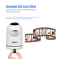 White SriHome surveillance camera showing SD card slot with memory card