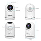 White pan-tilt WiFi camera with labeled lens, microphone, speaker, and power jack