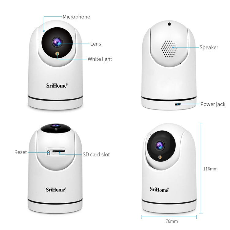 White pan-tilt WiFi camera with labeled lens, microphone, speaker, and power jack