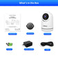 Surveillance camera kit: white WiFi pan-tilt camera, wall mount, power supply, USB cable