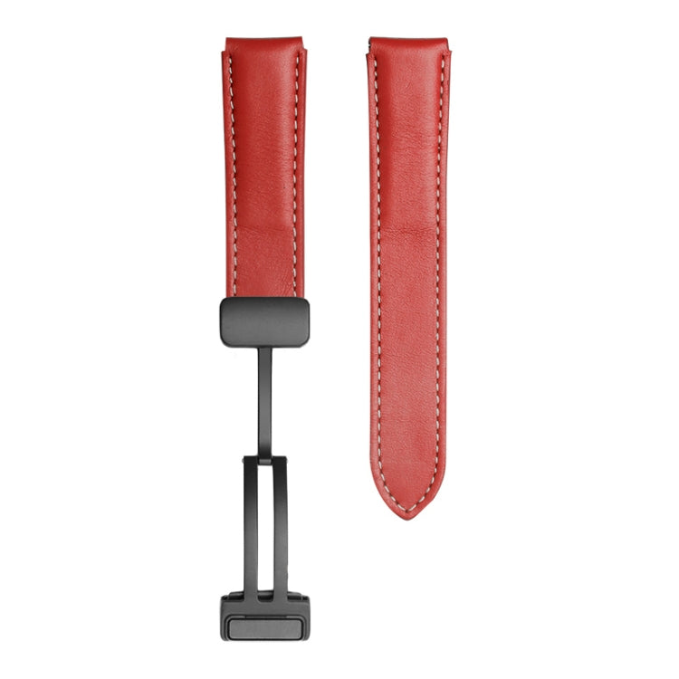 Genuine leather watch band in red with black buckle and stitched edges for Samsung Watch