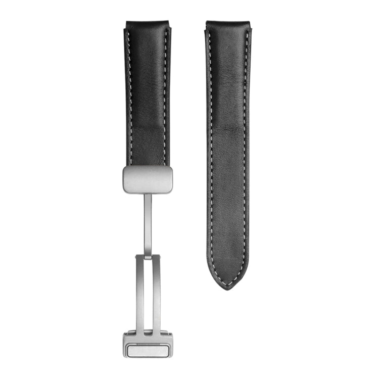 Genuine leather watch band in black with silver buckle and stitched edges for Samsung Watch