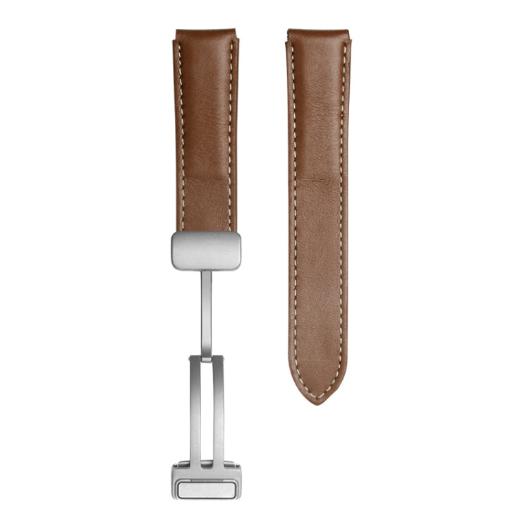 Brown genuine leather watch band with stitched edges and silver metal buckle