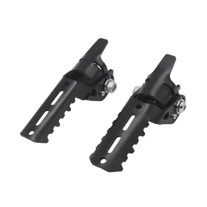 Black front folding motorcycle foot pegs with clamp brackets and mounting bolts