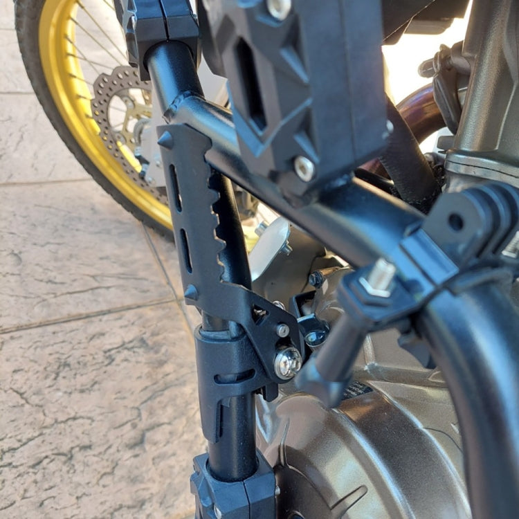 Close-up of black front folding foot peg with mounting clamp on bike