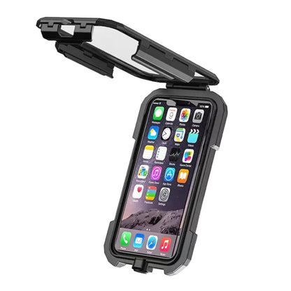 Black waterproof phone holder case with clear touchscreen window for mounting