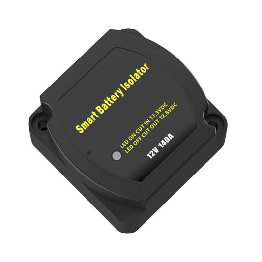 Black 12V 140A smart battery isolator relay top view with LED indicator