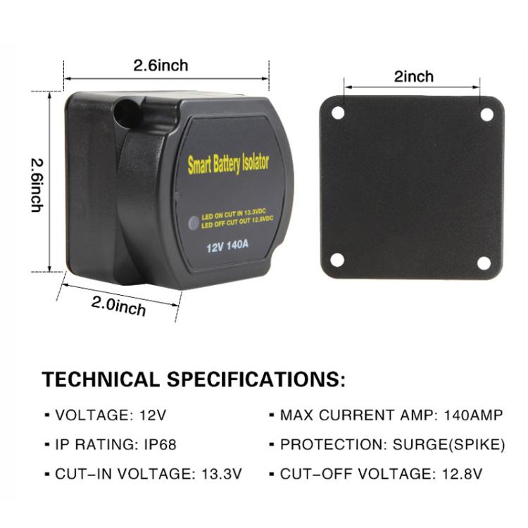 Black smart battery isolator relay with dimensions and 12V 140A specs