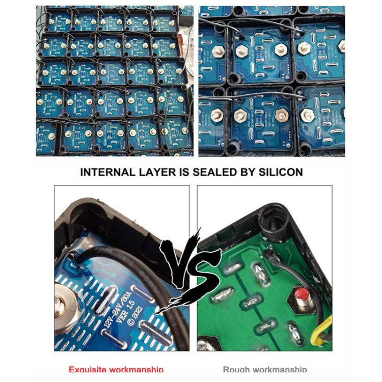 Internal circuit board close-up with sealed silicon coating and components