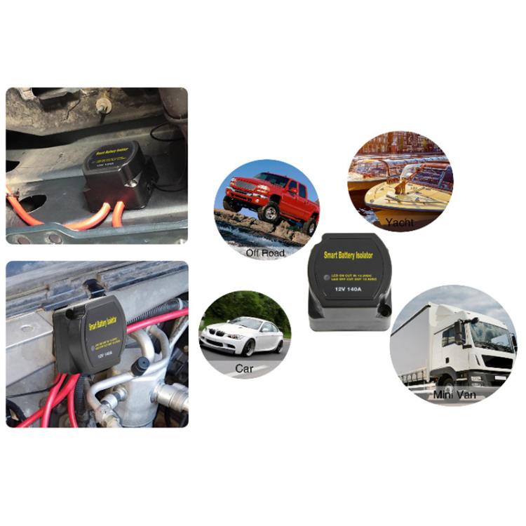 12V 140A smart battery isolator relay shown with vehicle installation icons