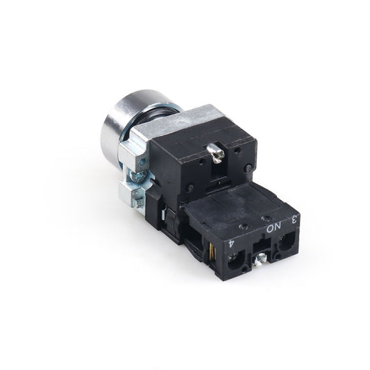 Engine start push button switch with metal head, black housing, and side terminals