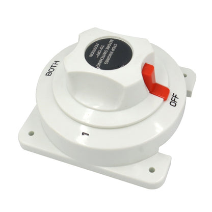 White marine battery power off switch with BOTH/ OFF selector and red tab