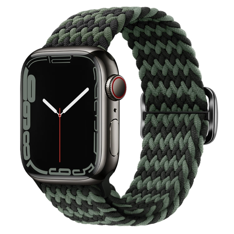Braided nylon watch band with buckle, dark green braided strap with black accents