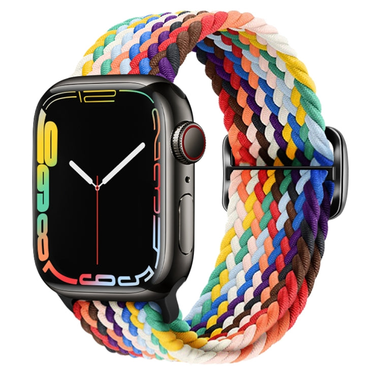 Multicolor braided nylon watch strap with rainbow weave and metal buckle clasp