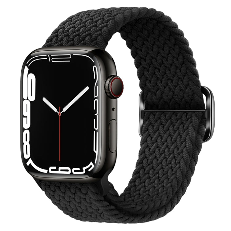 Solid black braided nylon Apple Watch strap with woven texture and buckle