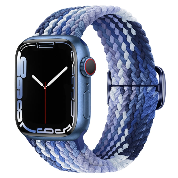 Braided nylon watch band in light and dark blue with black metal buckle