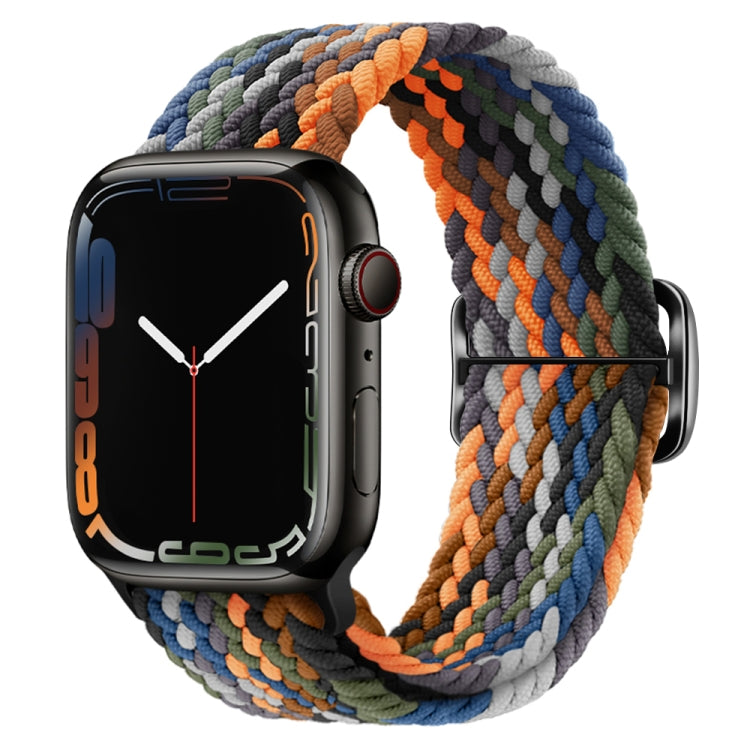 Braided nylon watch band with orange, green, and blue woven stripes and buckle