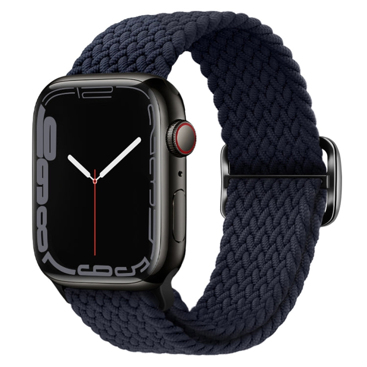 Braided nylon watch band in deep navy blue knit with black buckle clasp