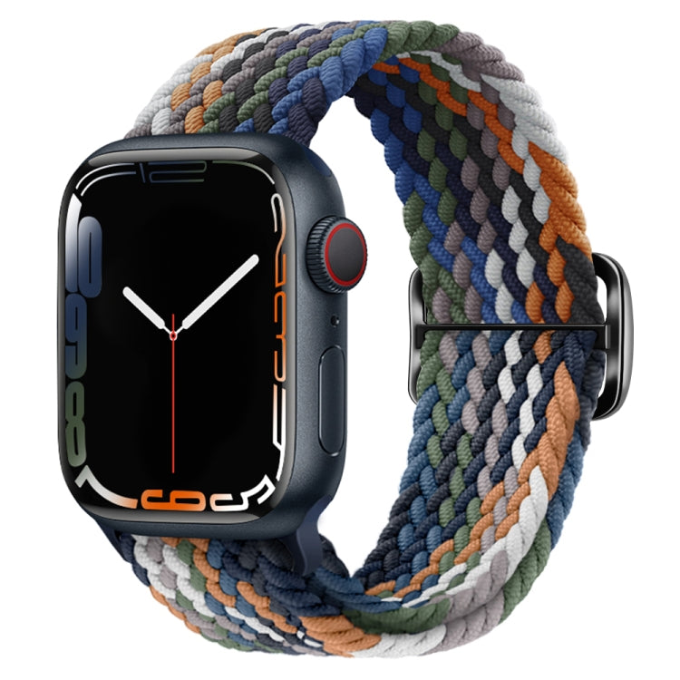 Braided nylon watch band with blue, green, and orange pattern and black buckle