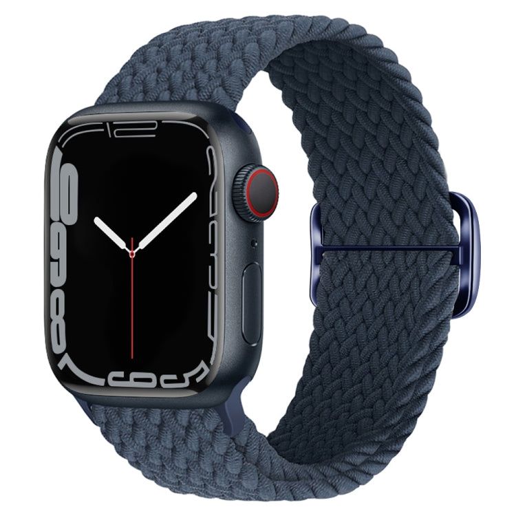 Braided nylon watch band with buckle for Apple Watch, deep navy blue woven strap.