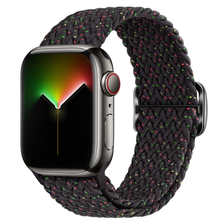 Braided nylon watch band with buckle, black braided woven strap with neon green and red accents for Apple Watch