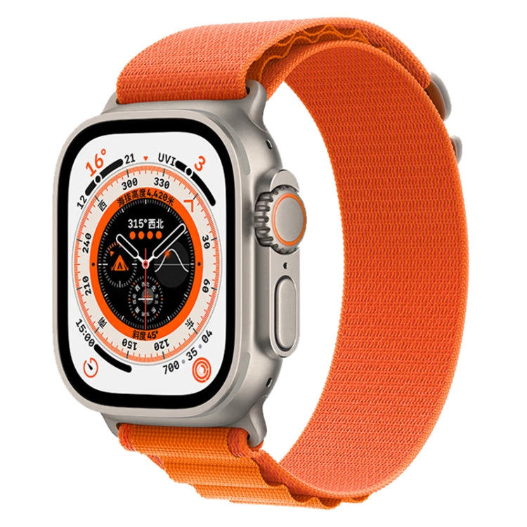 Nylon watch band with bright orange fabric and adjustable closure for Apple Watch Ultra 49mm
