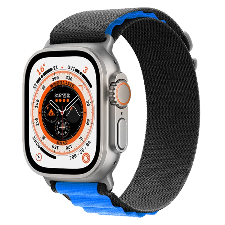 Nylon watch band with dark gray fabric and blue accents for Apple Watch Ultra 49mm