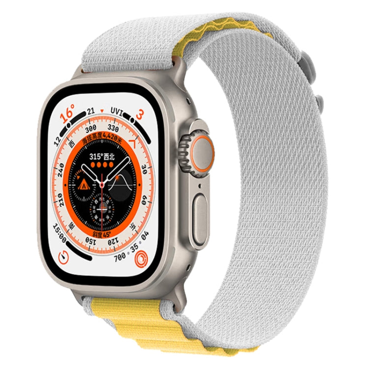 Nylon watch band with light gray fabric and yellow accents for Apple Watch Ultra 49mm
